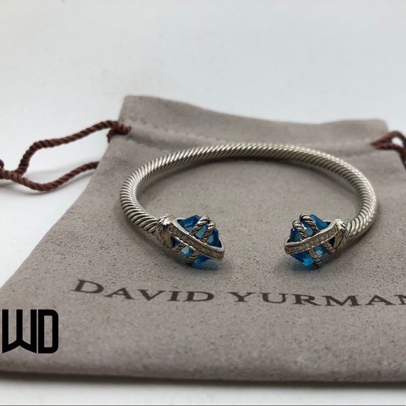 David Yurman Blue Topaz Cable Wrap Bangle Diamonds - Picture 1 of 7